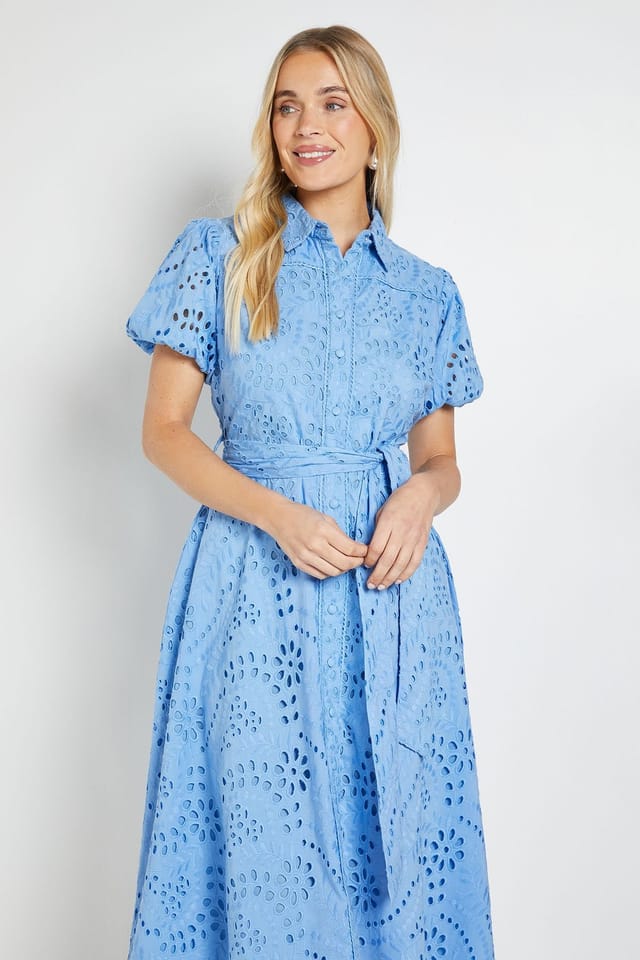 Wallis Wallis Women's Petite Broderie Tie Waist Shirt Dress in Blue - 2