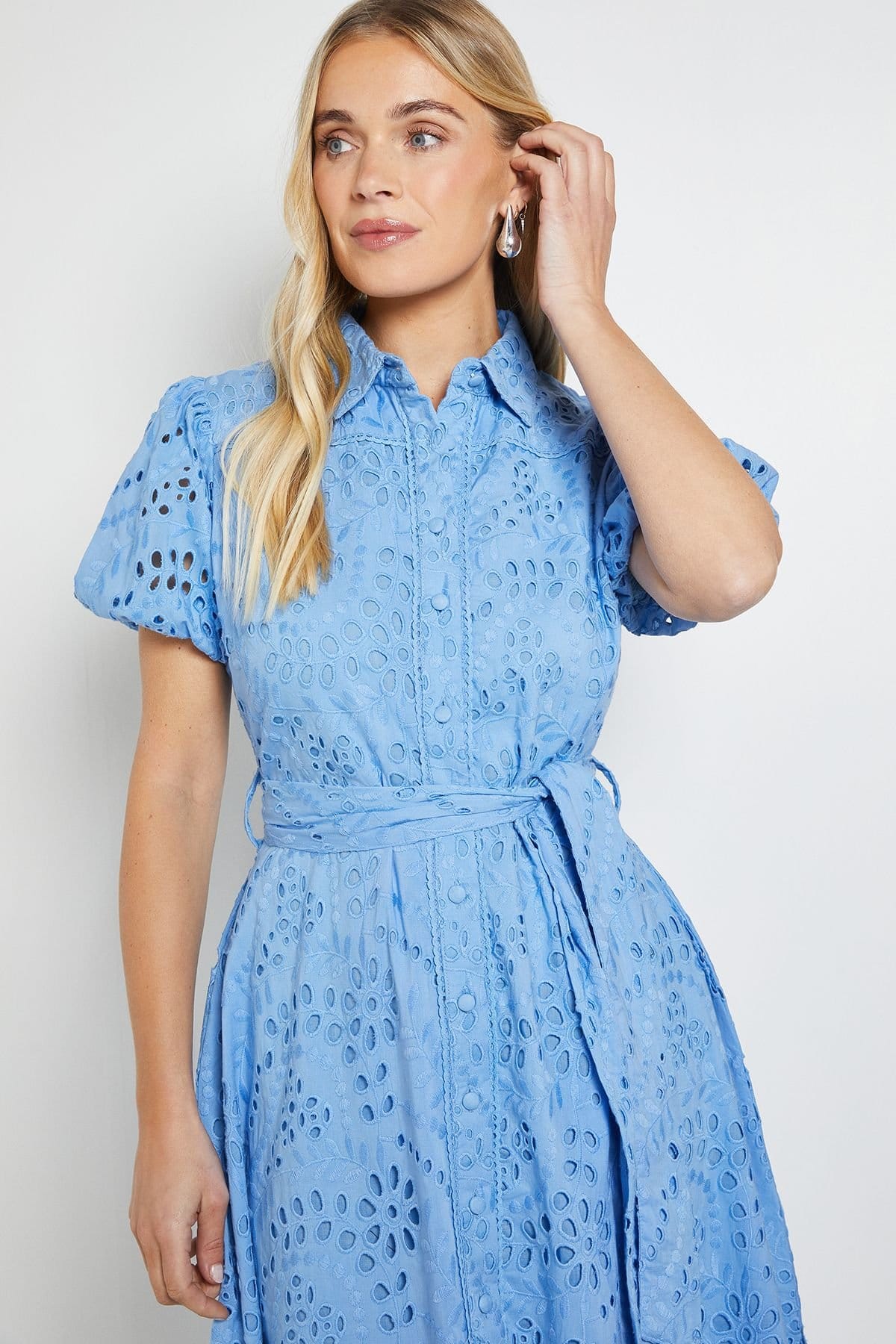 Wallis Wallis Women's Petite Broderie Tie Waist Shirt Dress in Blue - 4