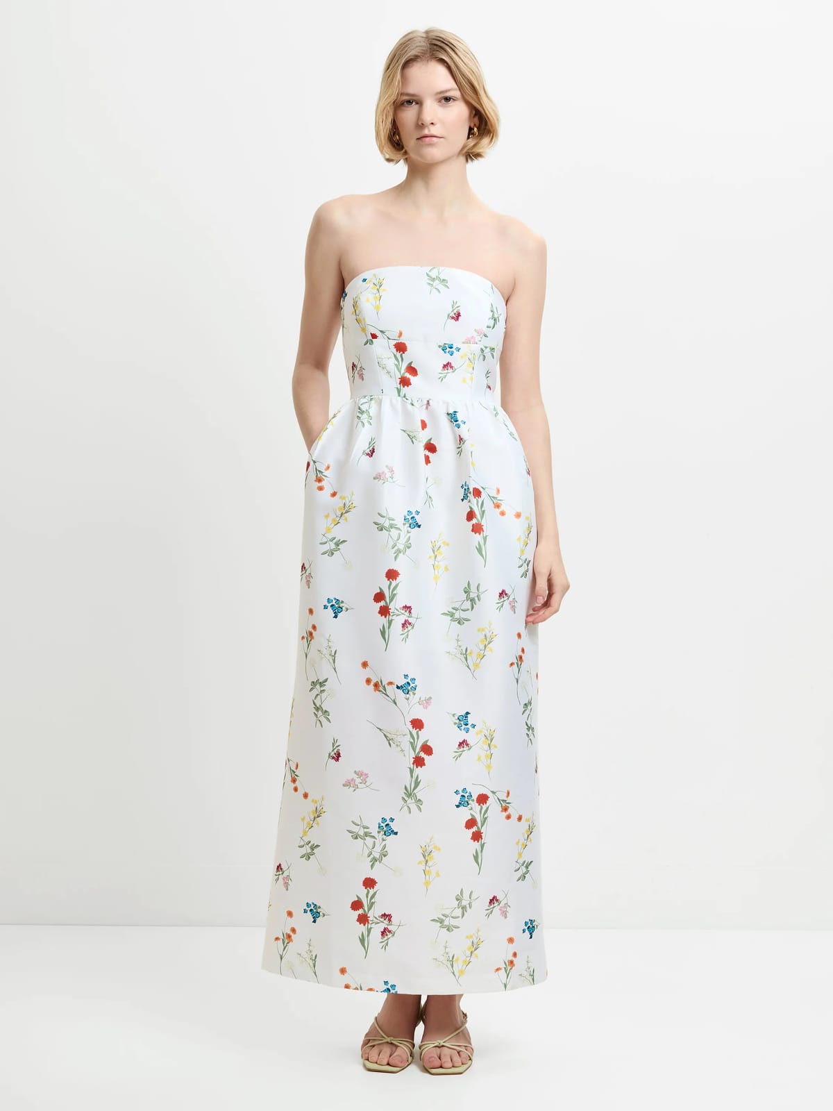 French Connection Structured Taffeta Christine Floral Bandeau Maxi Dress Summer White Floral Print - 1