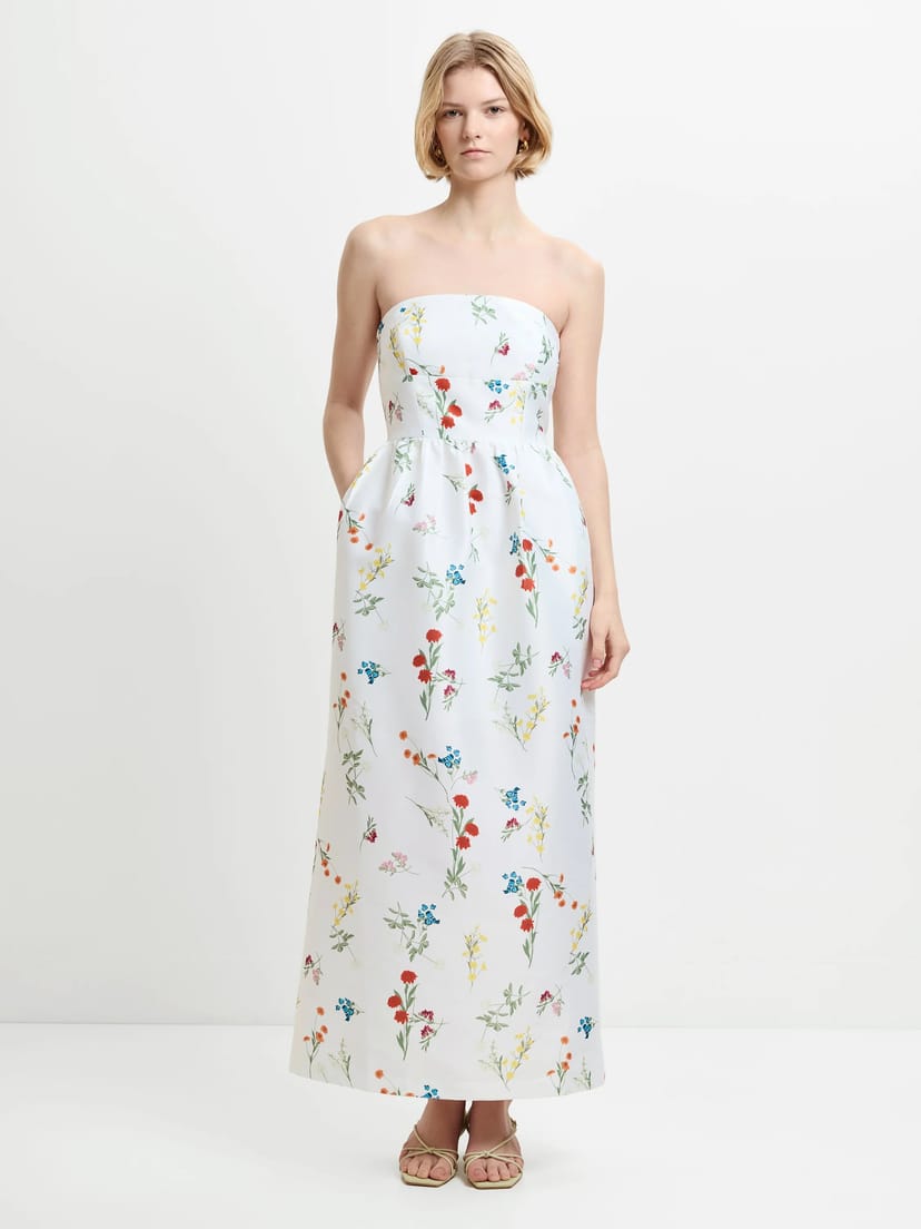 French Connection Structured Taffeta Christine Floral Bandeau Maxi Dress Summer White Floral Print - 1