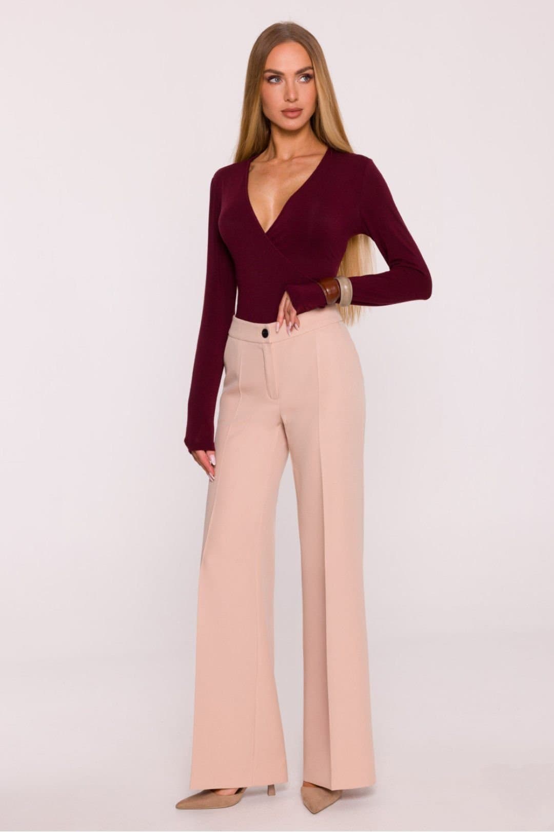 Love Lace Love Lace Beige Matte Suit Wide Leg Trousers