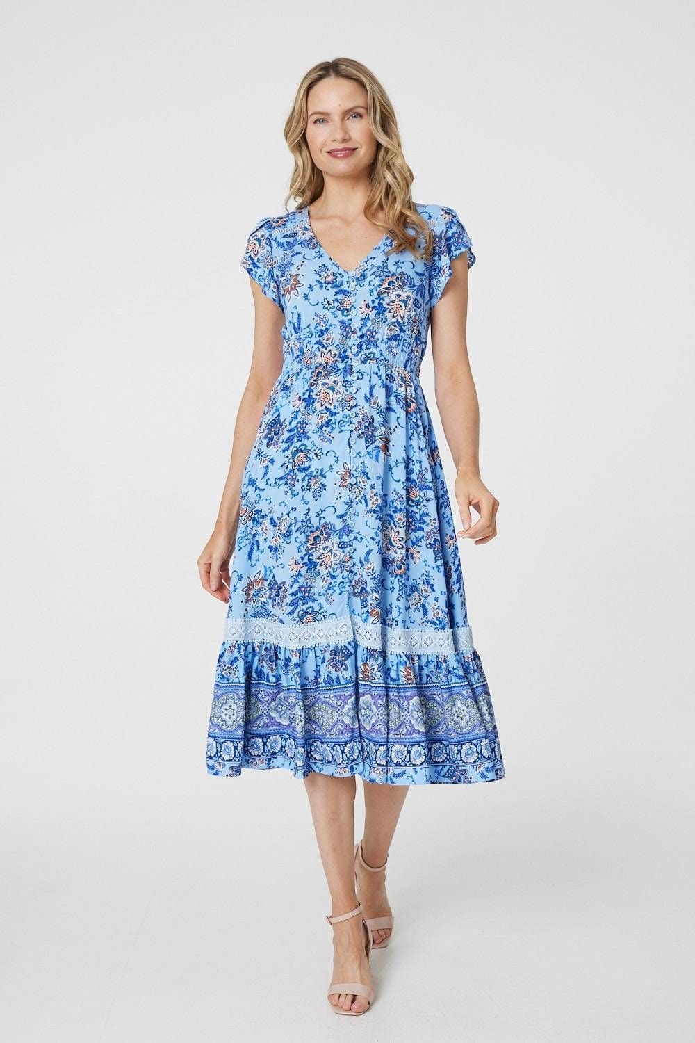 Izabel London Izabel London Women's Floral Cap Sleeve Lace Trim Midi Dress in Blue - 1
