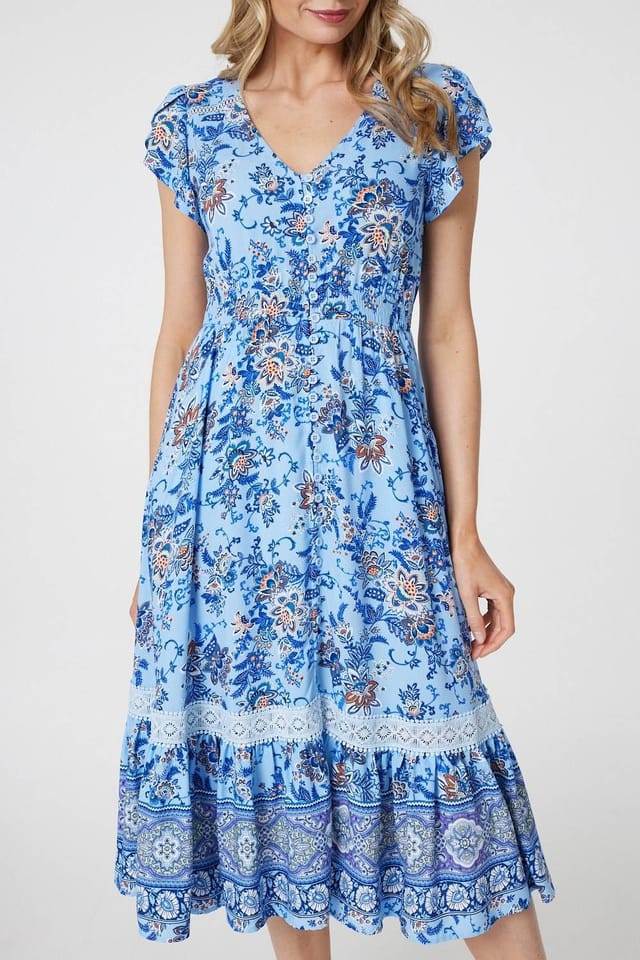 Izabel London Izabel London Women's Floral Cap Sleeve Lace Trim Midi Dress in Blue - 2