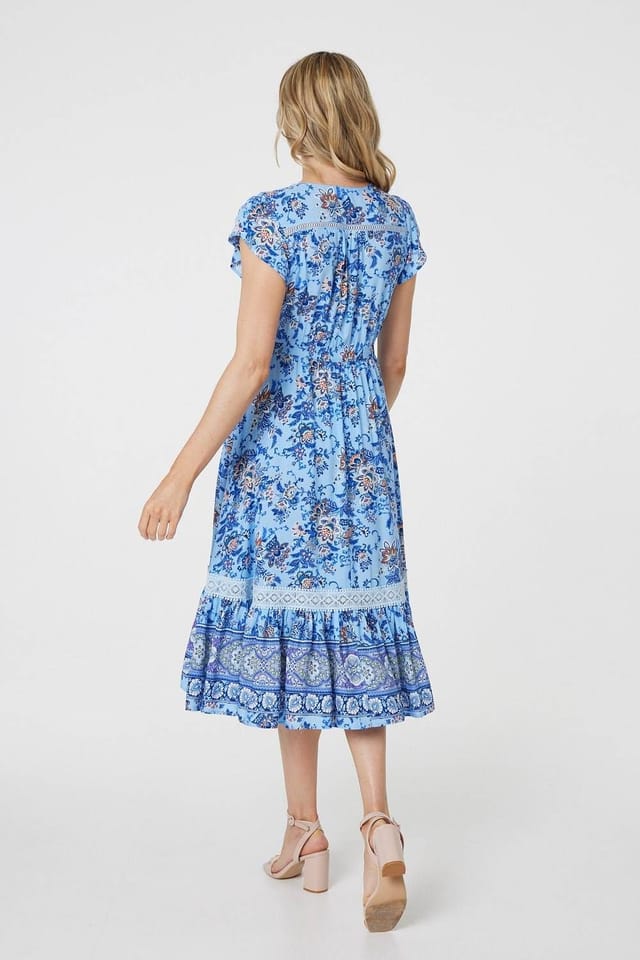 Izabel London Izabel London Women's Floral Cap Sleeve Lace Trim Midi Dress in Blue - 3