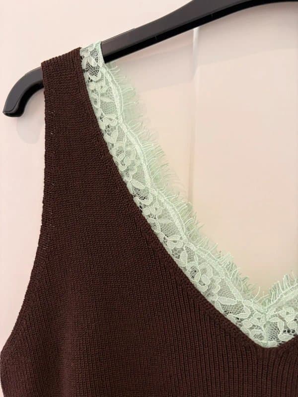 Topshop Topshop BN brown ribbed fine knit vest v neck tank top lace trim sleeveless top ribbed