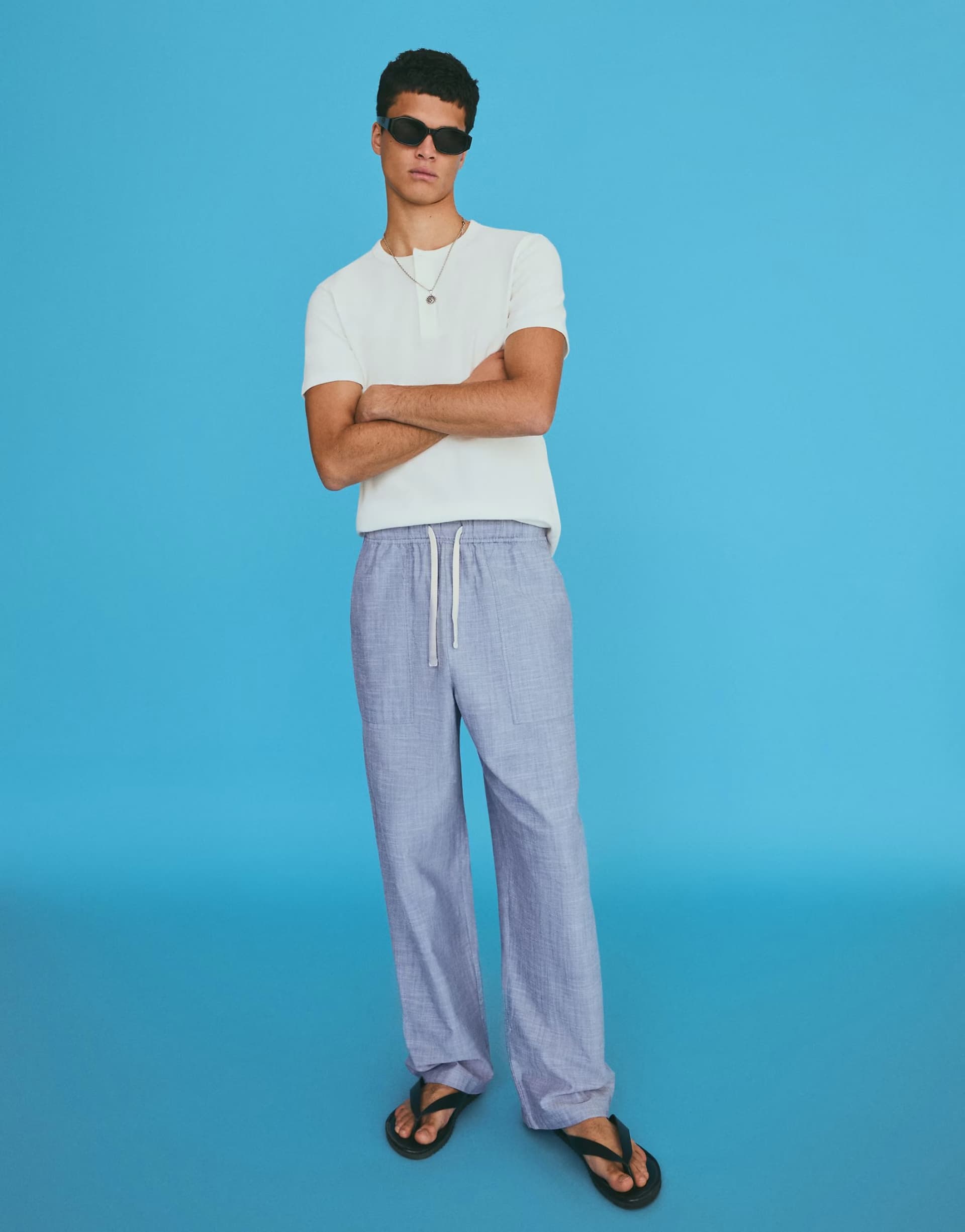 ASOS Bershka Embroidered baggy trousers in denim blue