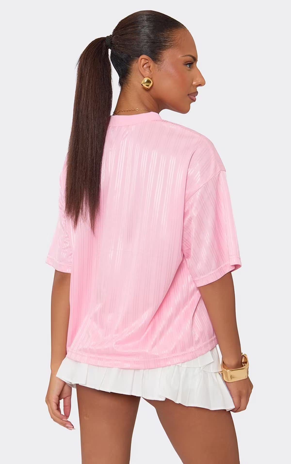 EGO Short Sleeve V Neck Graphic Detail T-Shirt In Pink Stripe, Women's Size UK 6