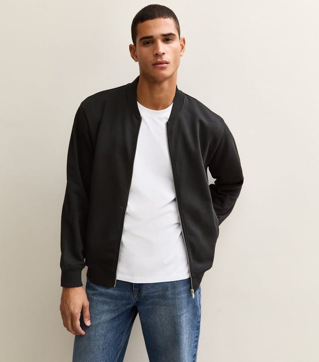 New Look Men's Black Relaxed Zip Through Jersey Bomber Jacket New Look - 2