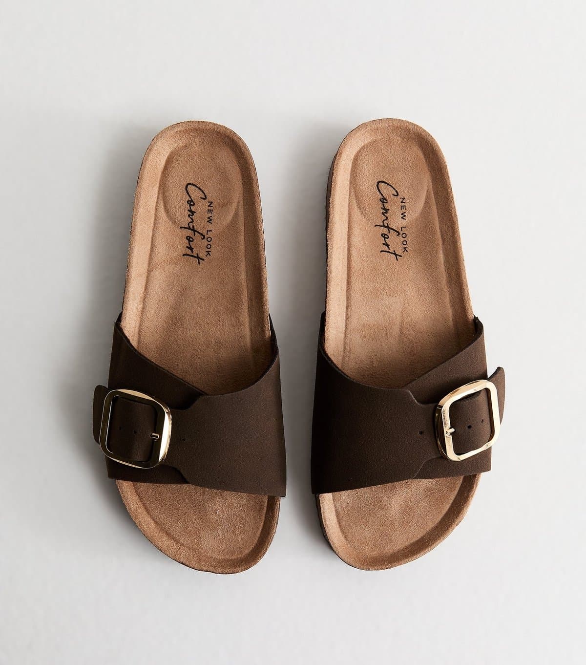 New Look Women's Brown Faux Suede Buckled Strap Mule Sandals Vegan New Look