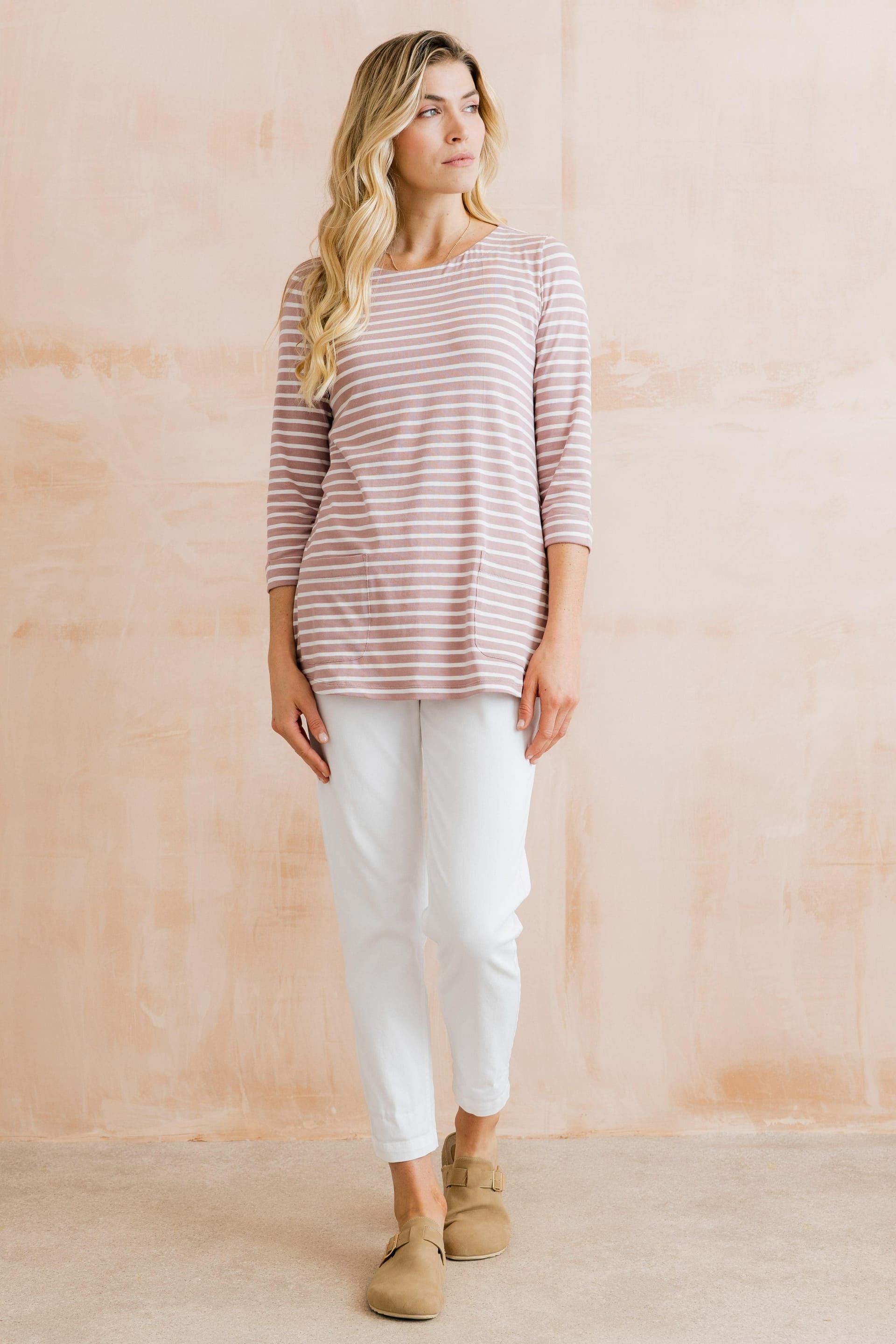 Lily & Me Lily & Me Women's Coastal 3/4 Sleeve Jersey Stripe Tunic in Pink - 4