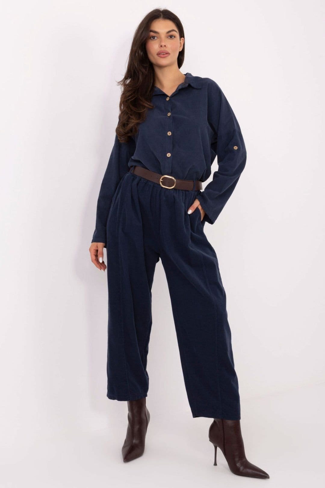 Love Lace Navy Blue High Waist Loose Fit Belted Trousers