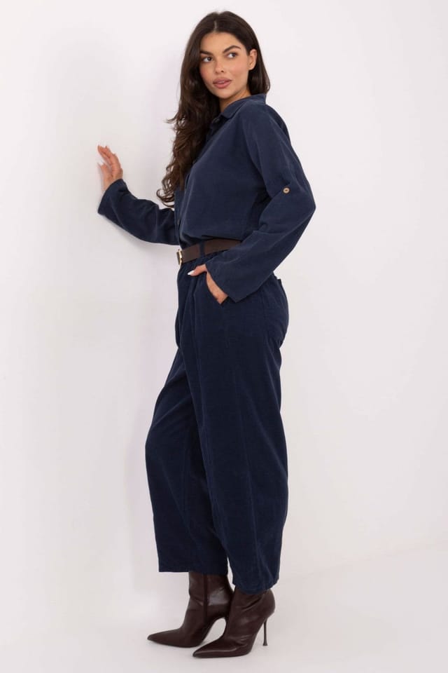 Love Lace Love Lace Women's High Waist Loose Fit Belted Trousers in Blue - 2