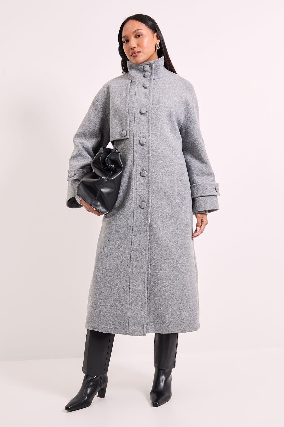 Wallis Wallis Women's Principles by Funnel Neck Button Coat in Grey Marl
