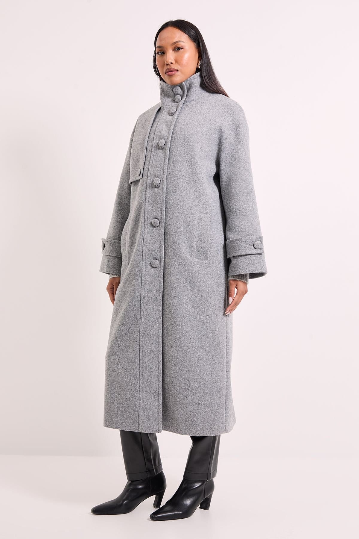 Wallis Wallis Women's Principles by Funnel Neck Button Coat in Grey Marl - 4