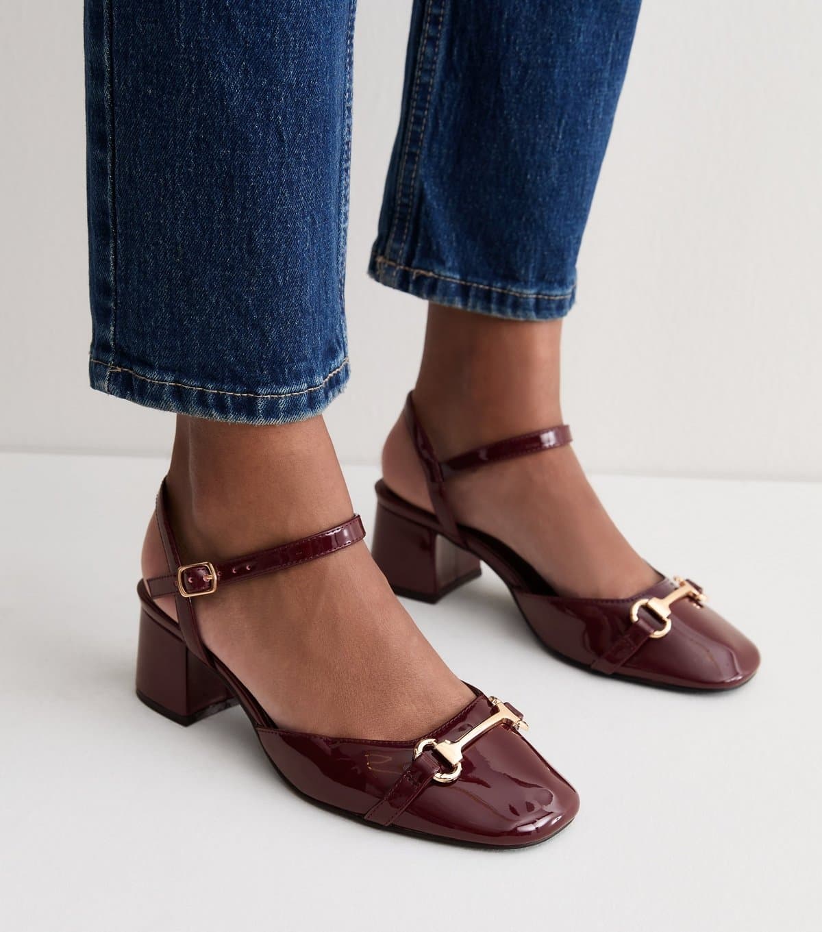 New Look Women's Wide Fit Dark Burgundy Patent Faux Leather Horsebit Pumps Vegan New Look