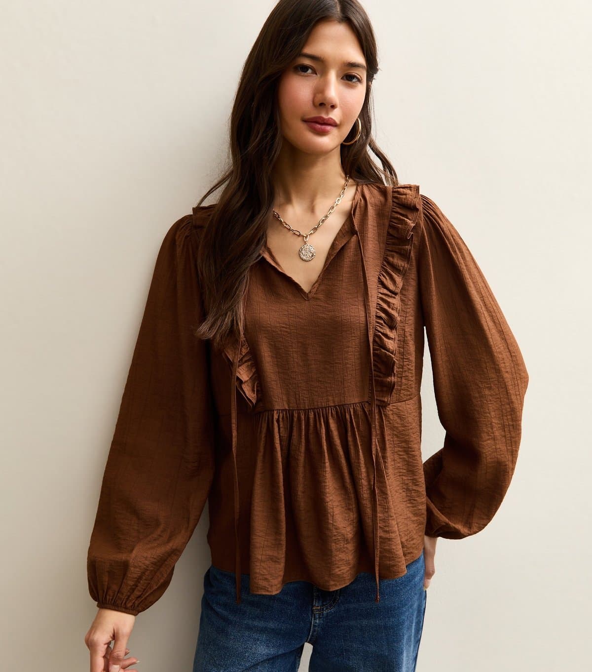 New Look Women's Mid Brown Ruffle Tie Long Sleeve Blouse New Look