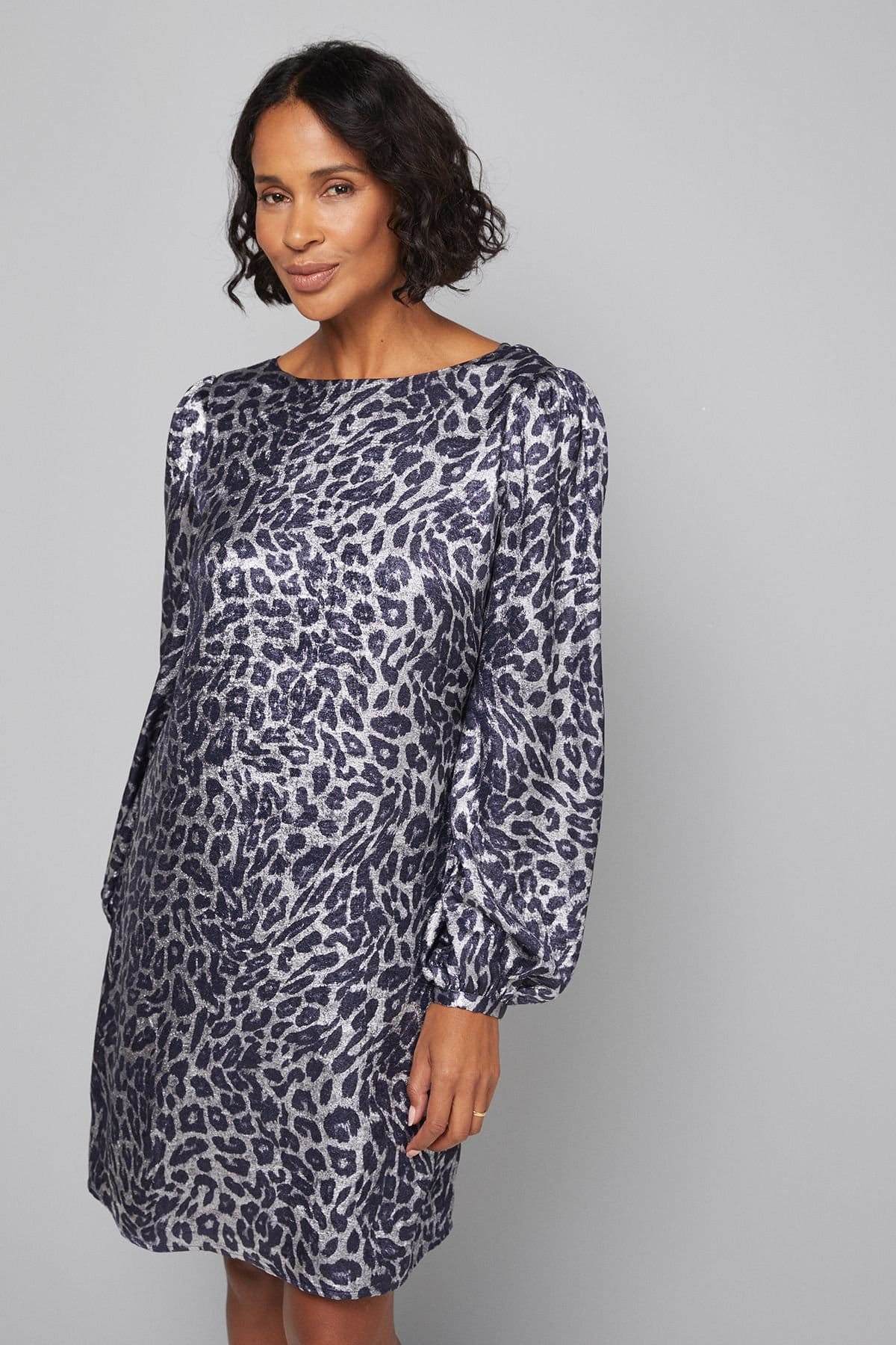 Wallis Wallis Women's Leopard Metallic Cowl Shift Dress in Silver - 4