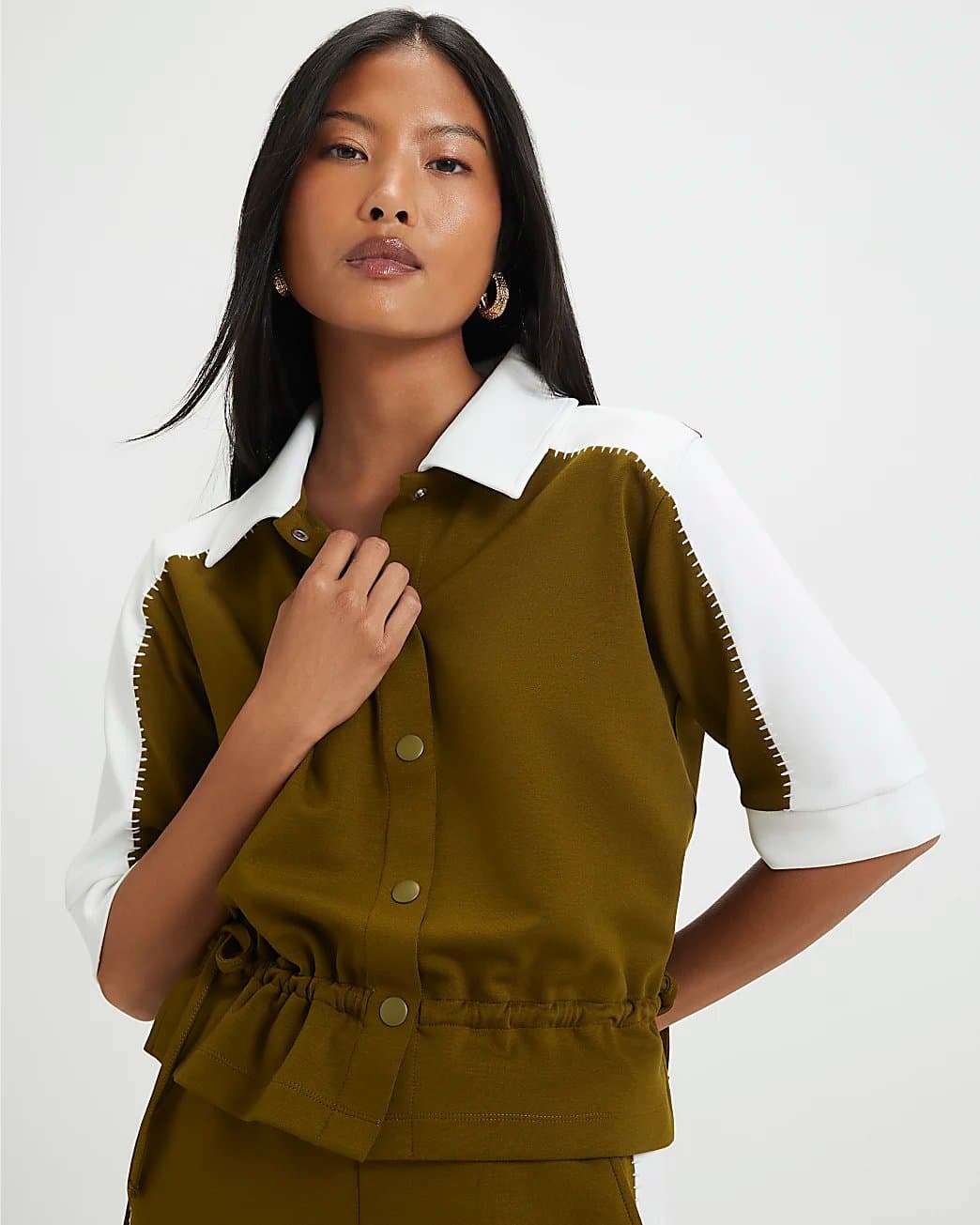 River Island River Island Womens Petite Khaki Premium Blocked Polo Shirt