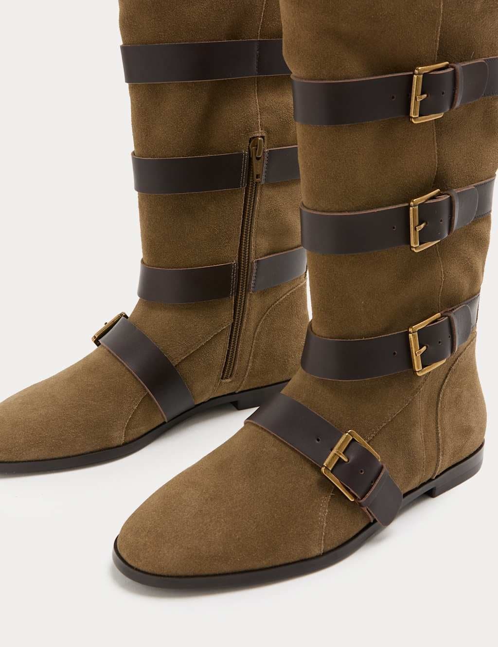 Marks & Spencer M&S Suede Buckle Strap Mid Calf Flat Boots Khaki