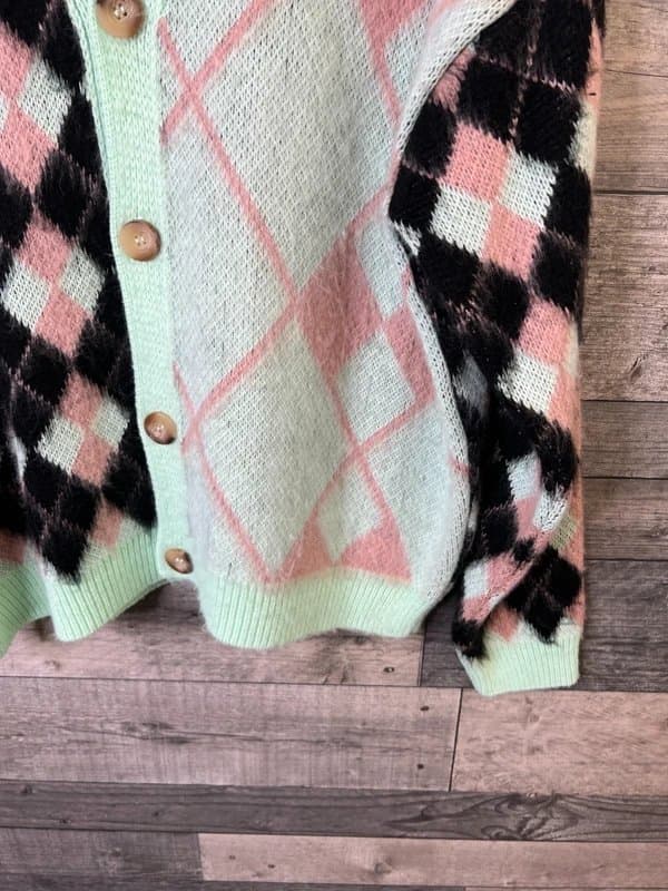 ASOS ASOS Mens Cardigan Size Large Green Argyle Check Funky Patterned V Neck Knit