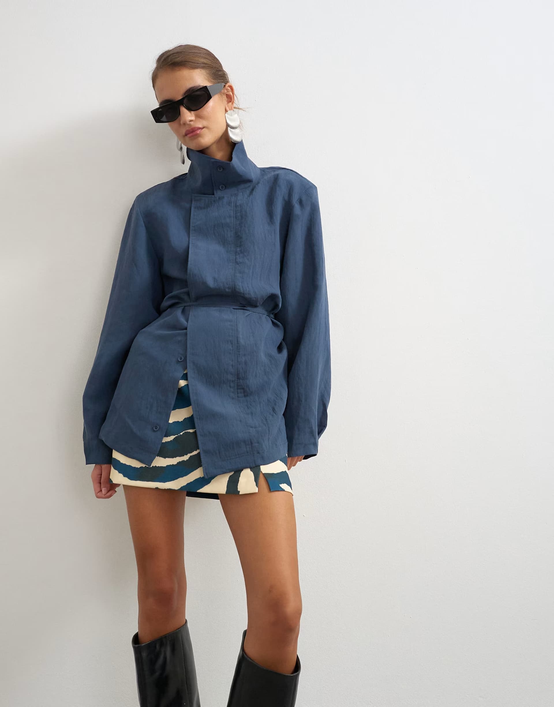 ASOS Topshop funnel neck tie detail top in navy self stripe