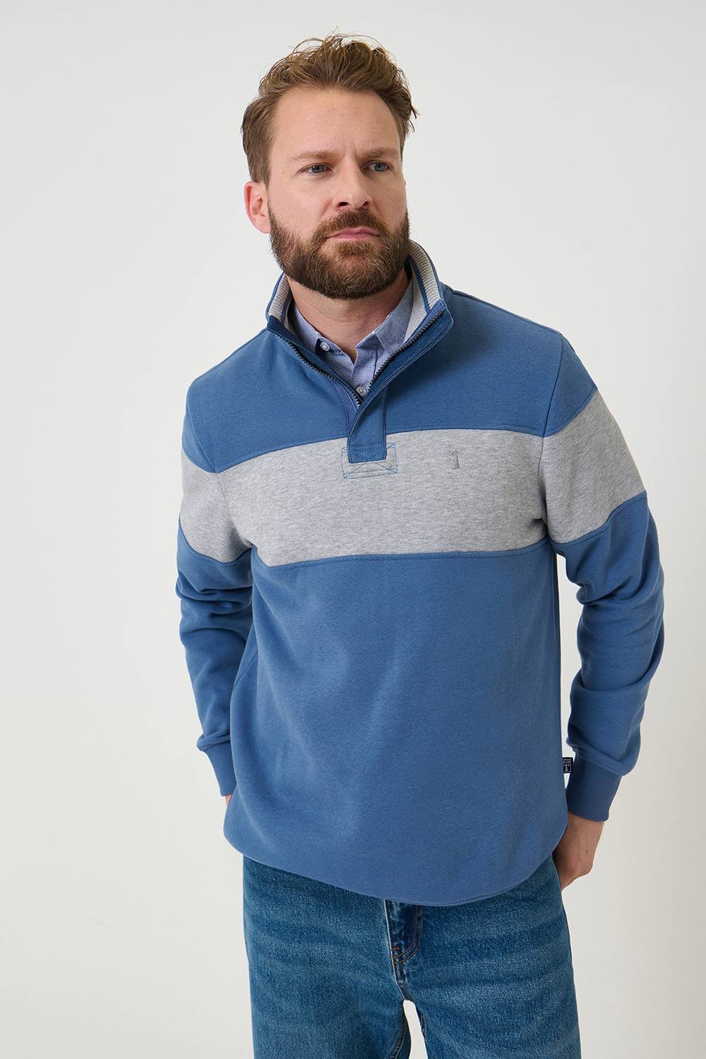 Saltwell Saltwell Men's Chest Stripe Quarter Zip Sweatshirt in Blue - 3