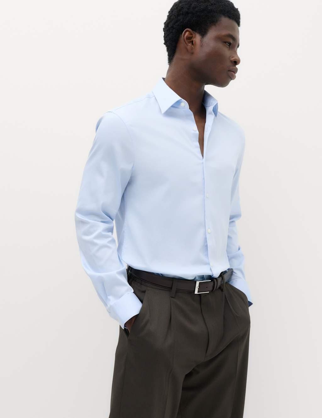 Marks & Spencer M&S Slim Fit Pure Easy Iron Cotton with Stretch Shirt Blue