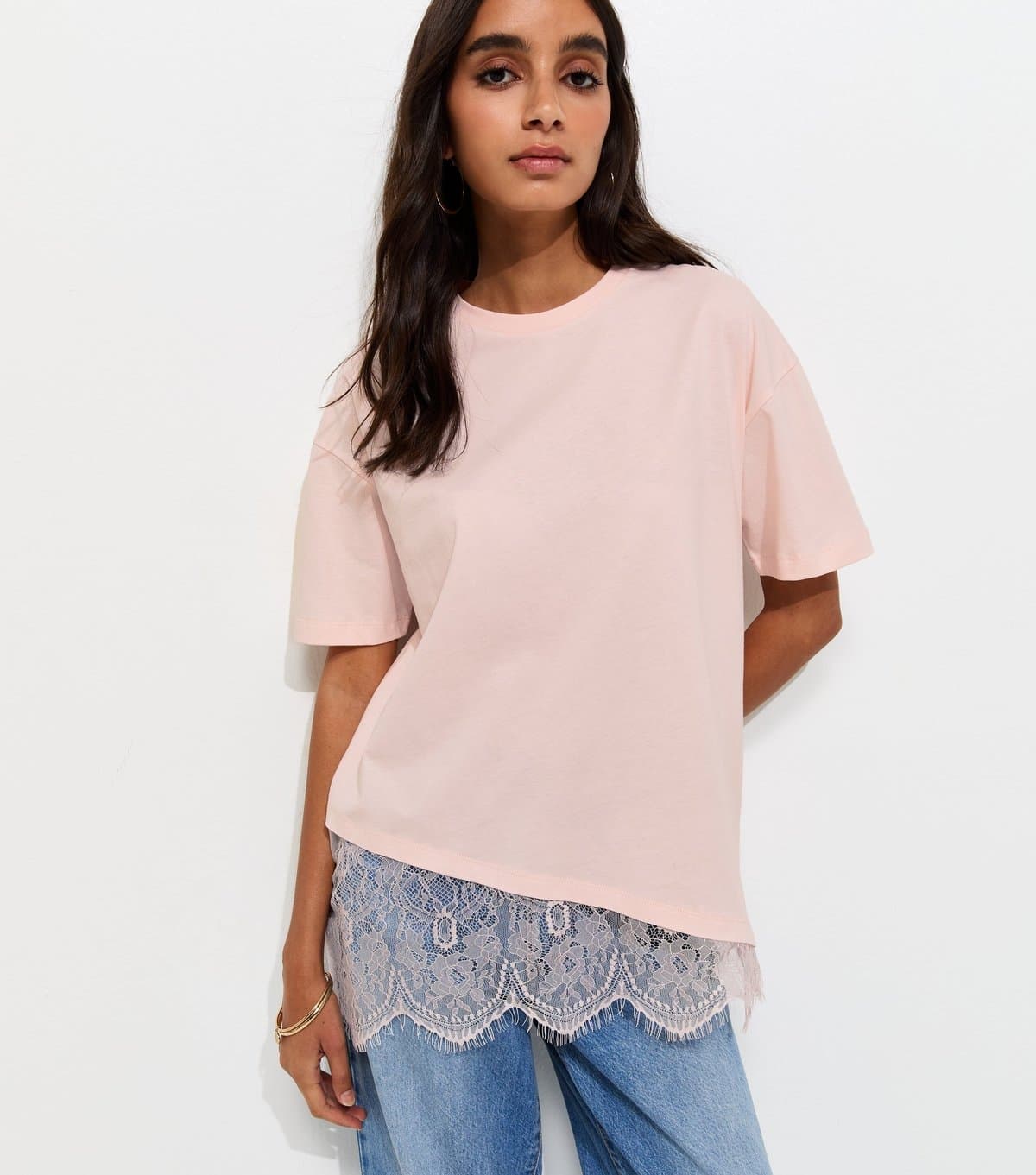 New Look Women's Pink Cotton Scalloped Lace T-Shirt New Look