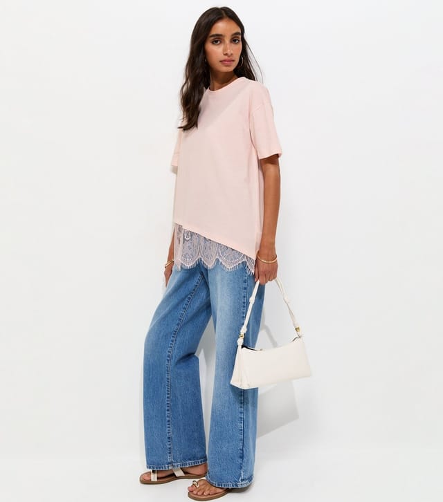 New Look Women's Pink Cotton Scalloped Lace T-Shirt New Look - 2