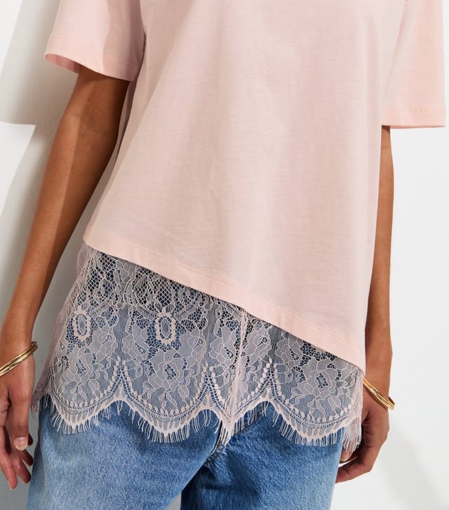 New Look Women's Pink Cotton Scalloped Lace T-Shirt New Look - 3