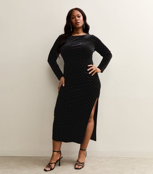 New Look Women's Plus Size Black Velvet Studded Midi Dress Curves New Look - 3