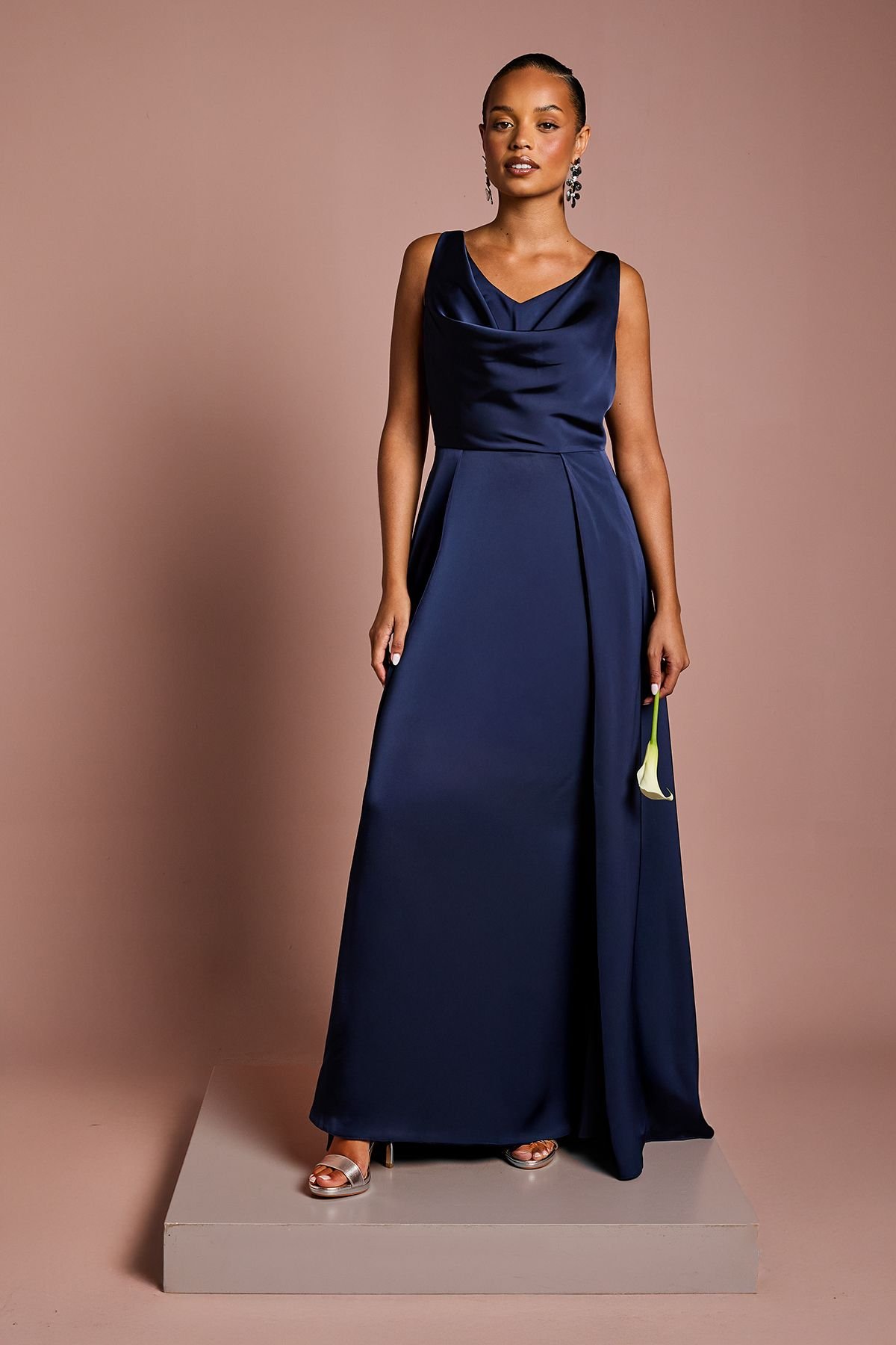 Coast Coast Women's Honoured Petite Sleeveless Cowl Neck Satin Maxi Bridesmaid Dress in Navy - 2