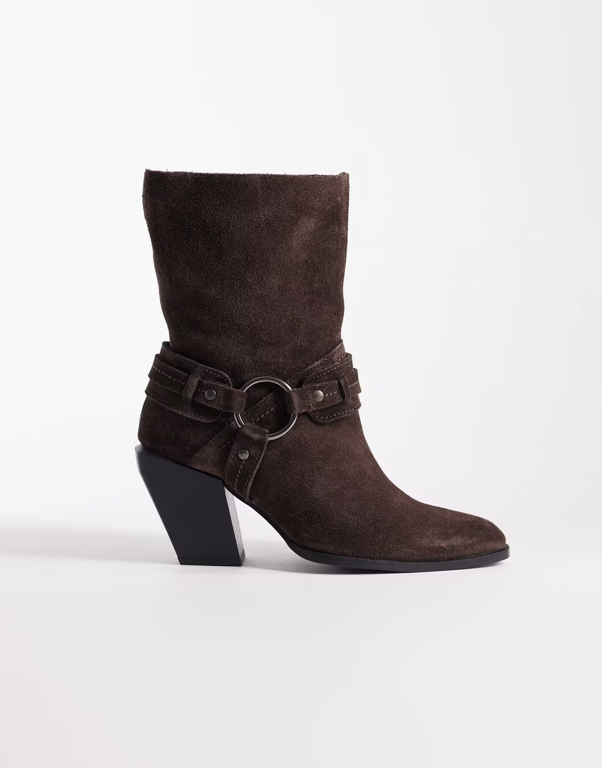 ASOS ASOS DESIGN Elena suede western ankle boot with harness in chocolate