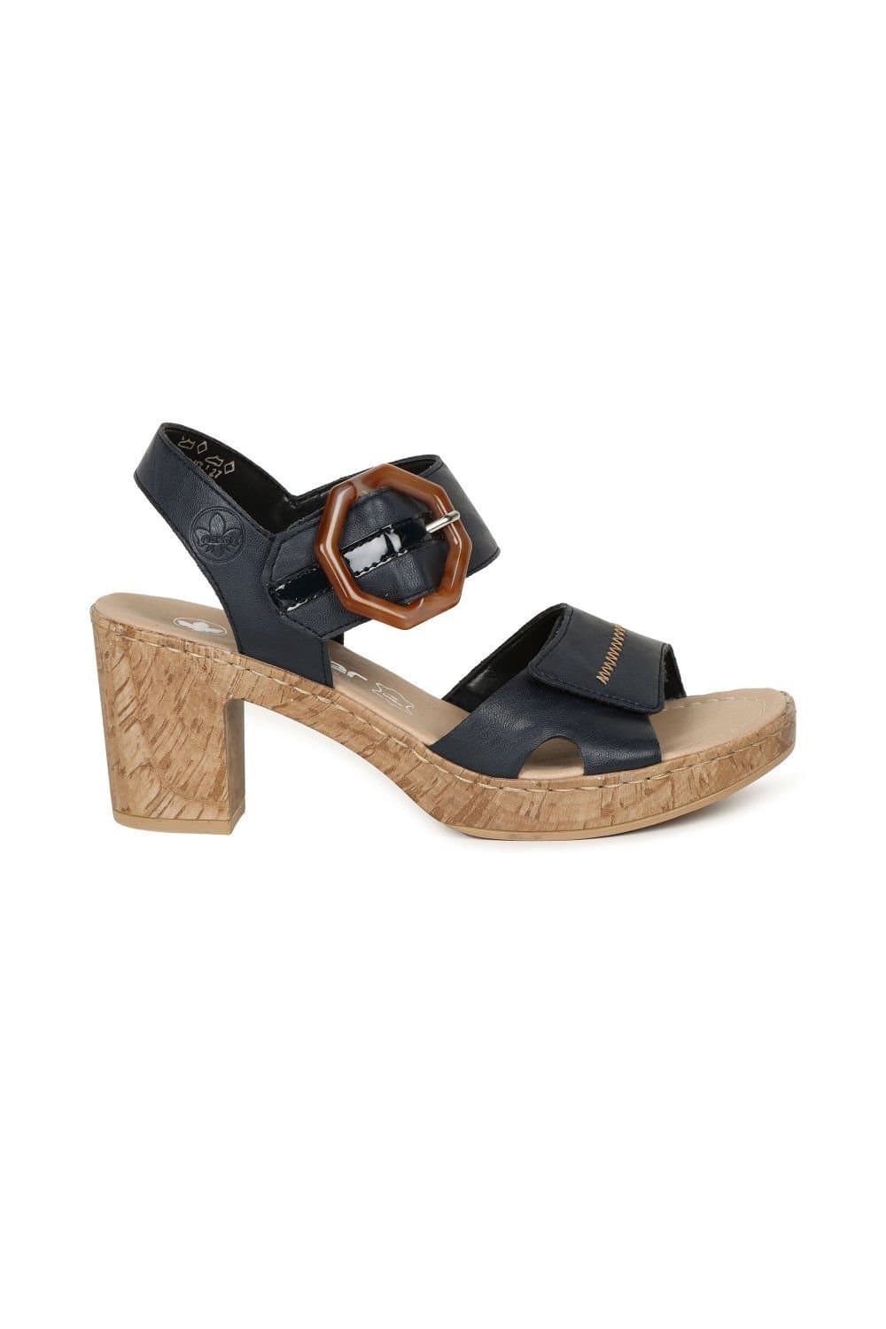 Rieker Rieker Navy Leather-Effect Heeled Sandals with Buckle Detail