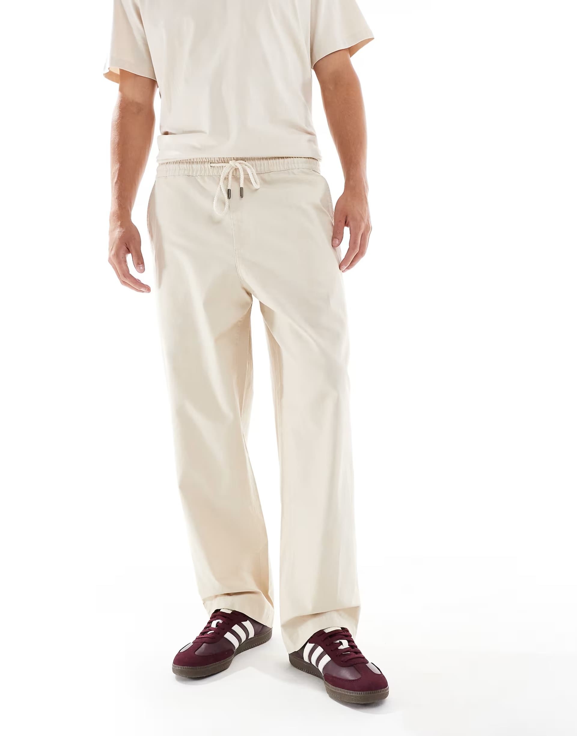 ASOS Farah Greenport wide leg drawcord waist trousers in beige