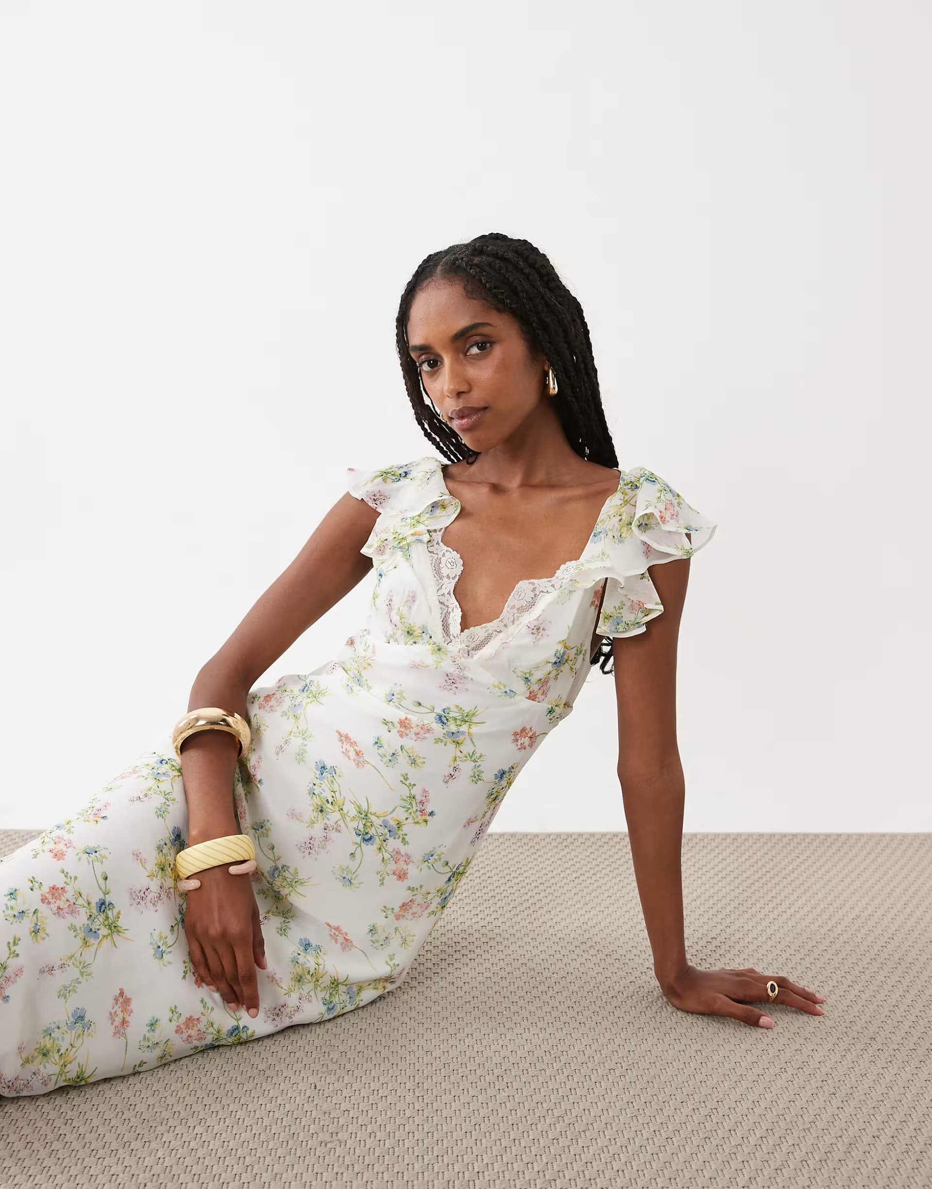 ASOS ASOS DESIGN frill sleeve sweetheart neck midi dress in navy spot print
