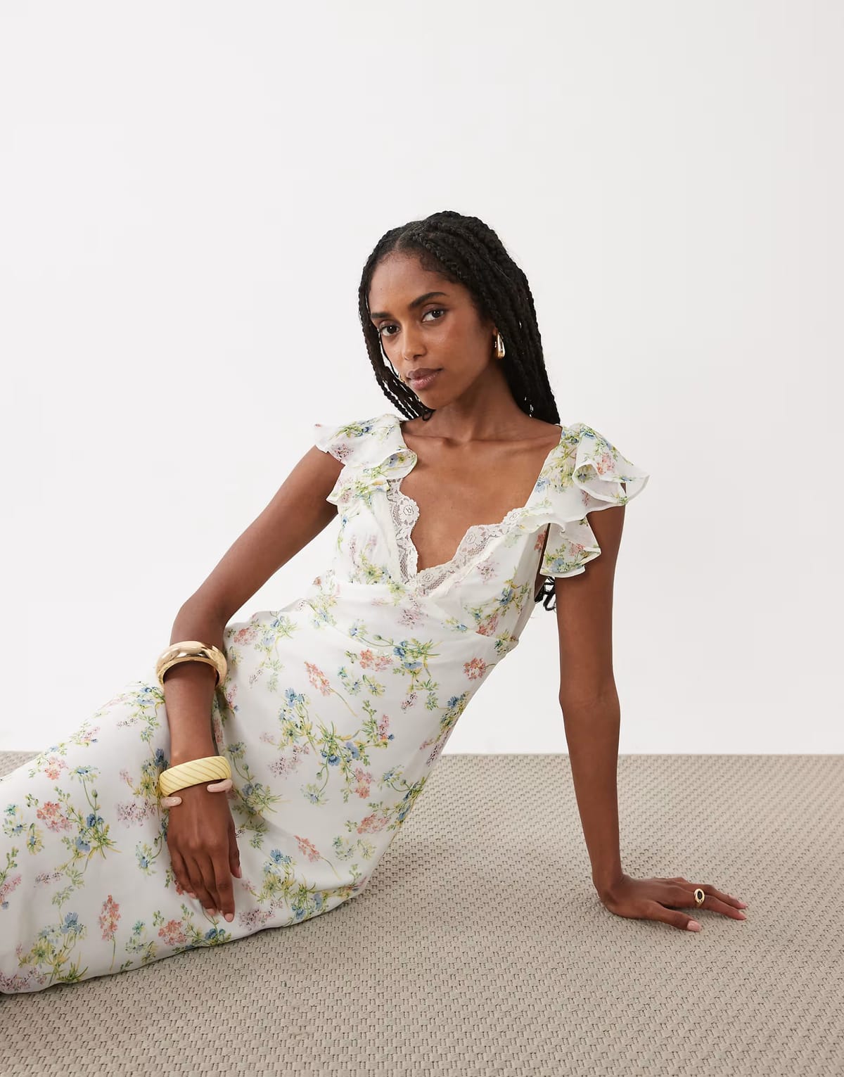 ASOS ASOS DESIGN frill sleeve sweetheart neck midi dress in navy spot print - 1
