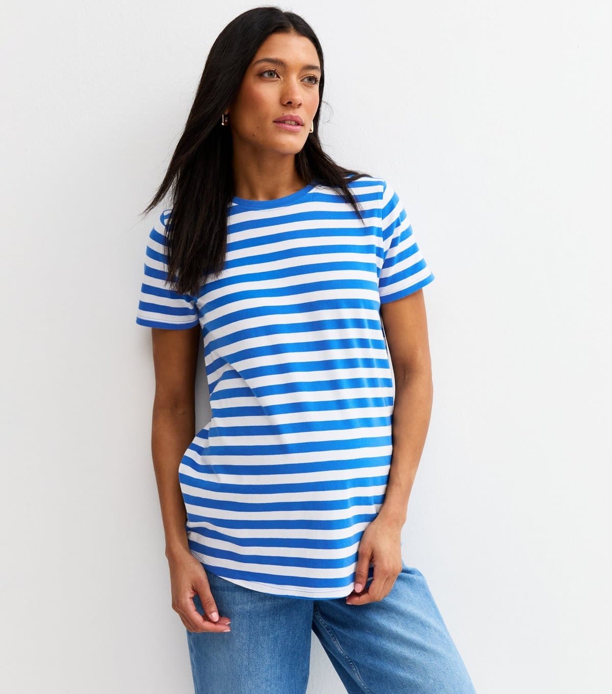 New Look Women's Maternity Blue Cotton Striped Crew Neck T-Shirt New Look