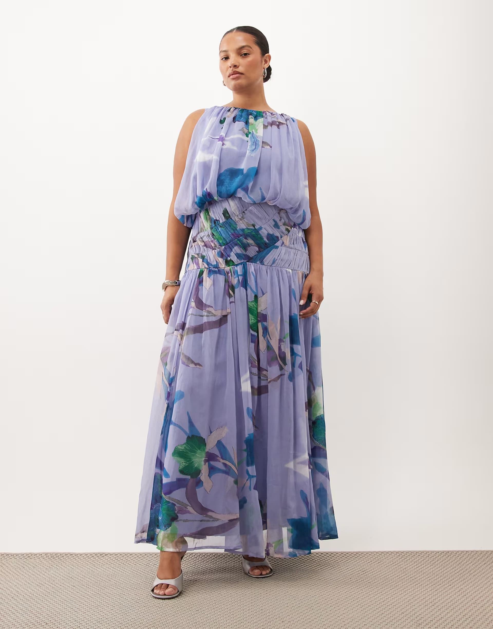 ASOS ASOS DESIGN Curve draped gauged ruched waist detail maxi dress in blurred floral print