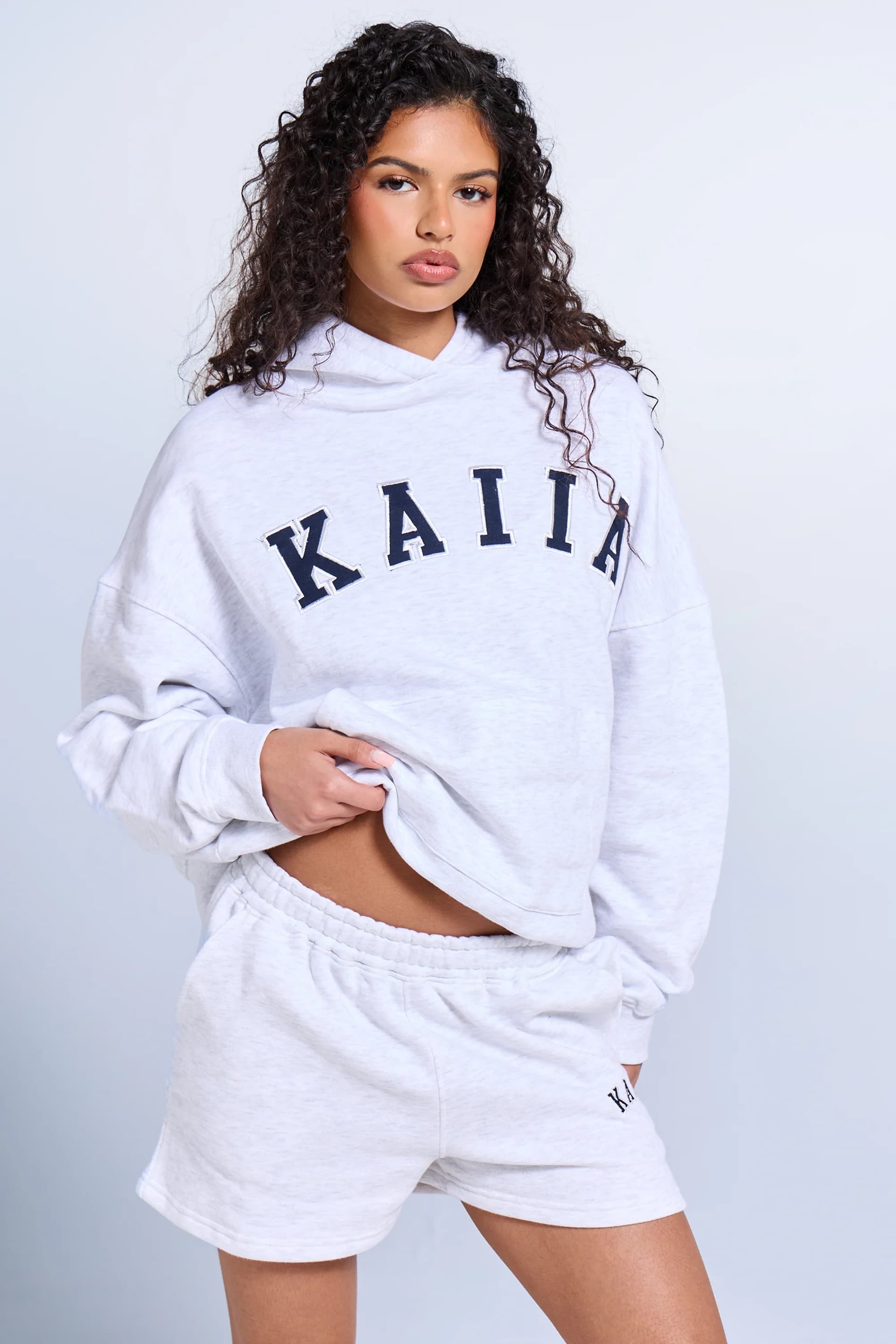 Kaiia Kaiia Slogan Oversized Hoodie Light Grey Marl & Navy