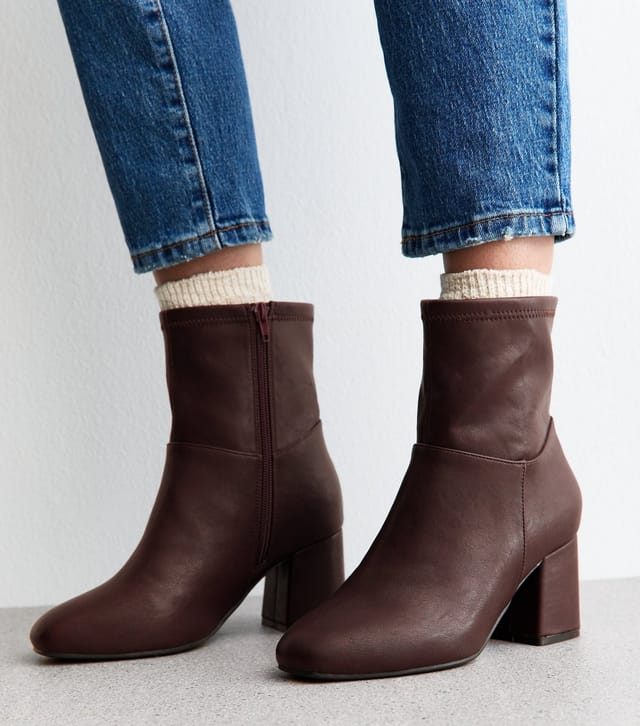 New Look Women's Extra Wide Fit Dark Burgundy Faux Leather Sock Ankle Vegan New Look - 2