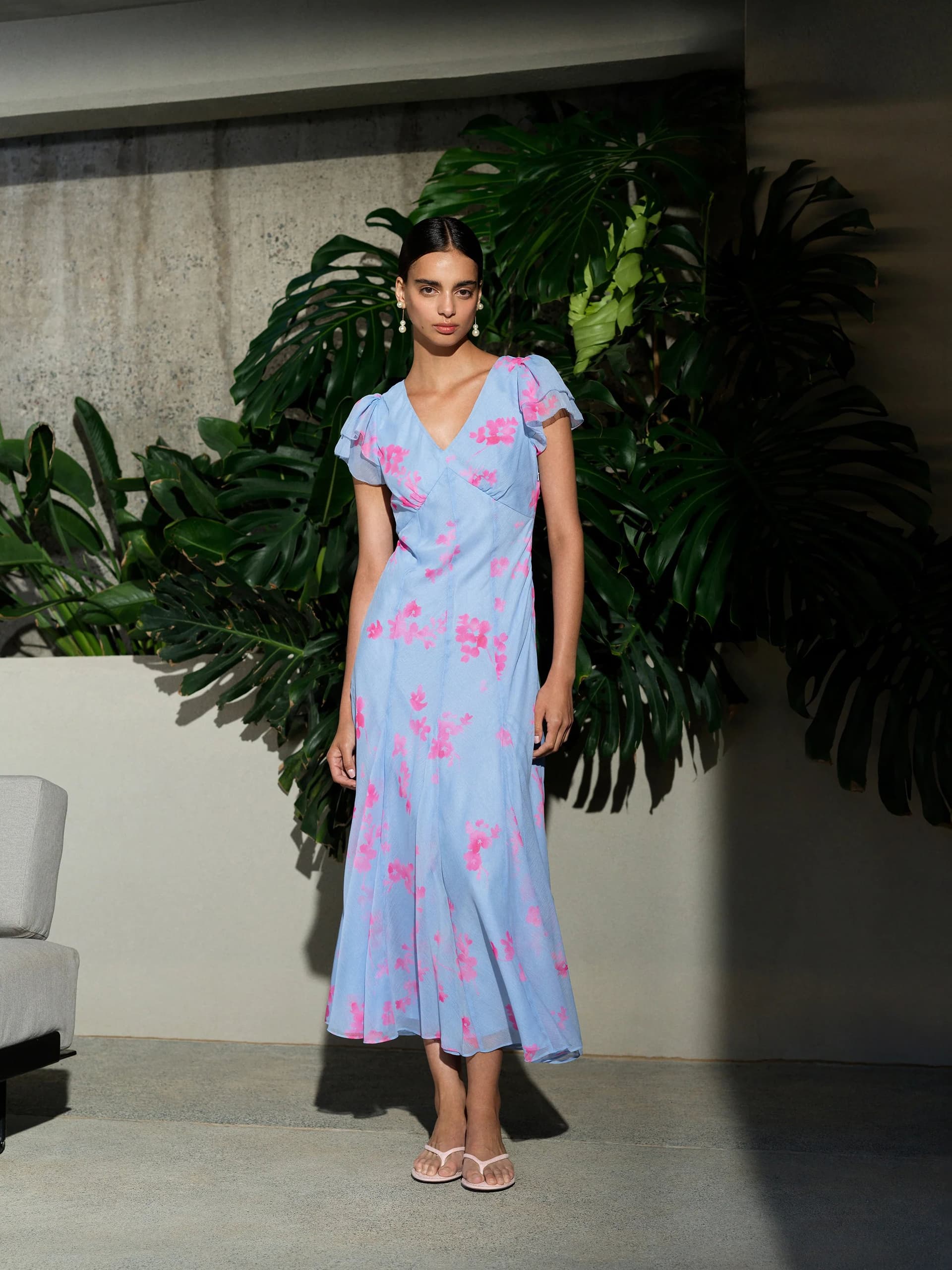 French Connection Myla Chiffon Open Back Floral Tea Dress Blue/Pink Multicoloured Print