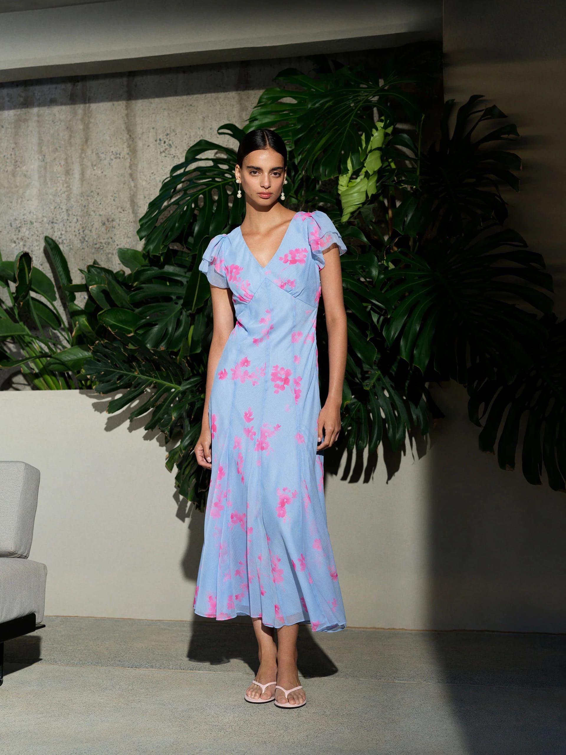 French Connection Blue Floral Chiffon Tea Dress
