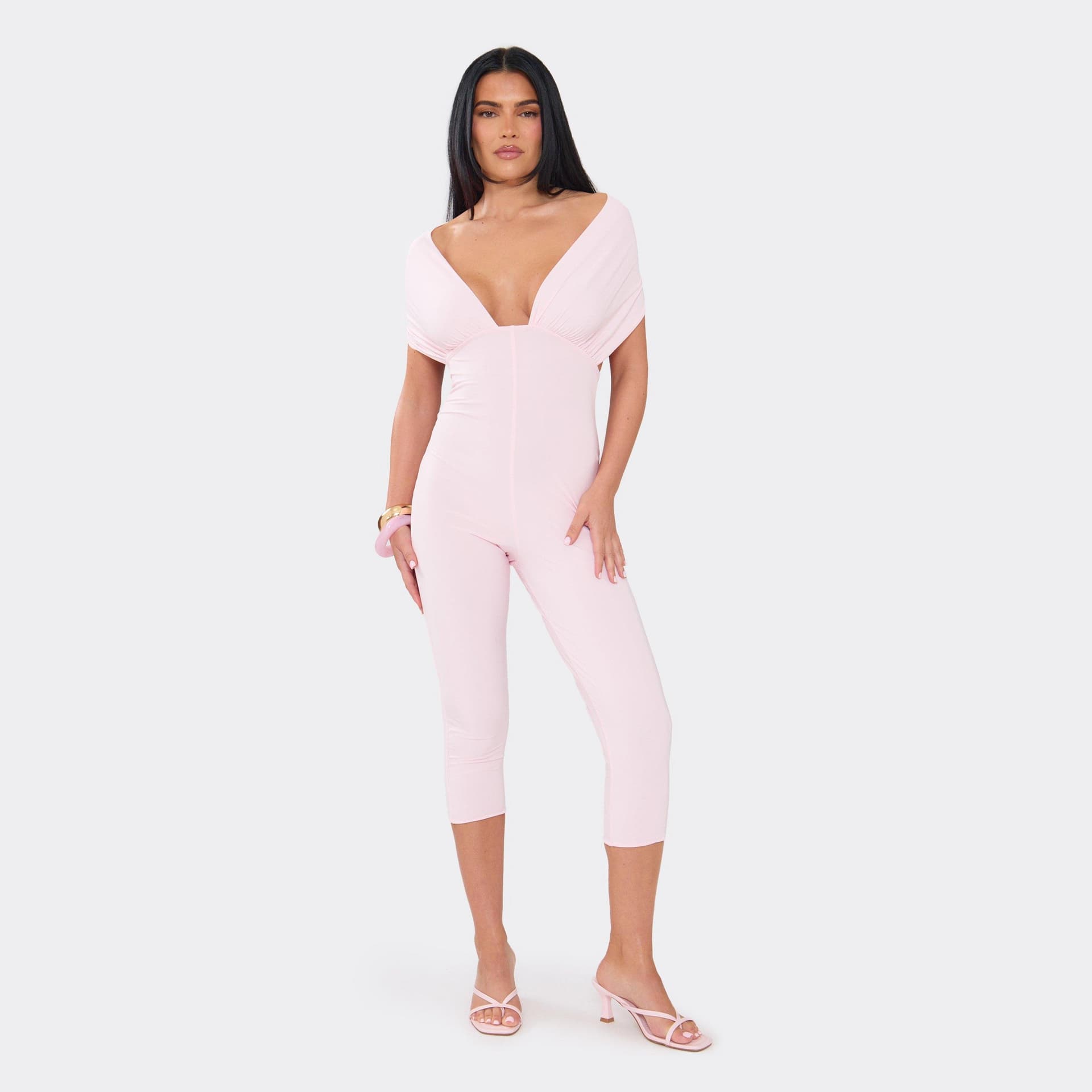 EGO Off The Shoulder Tie Back Capri Jumpsuit In Baby Pink, Women's Size UK 6