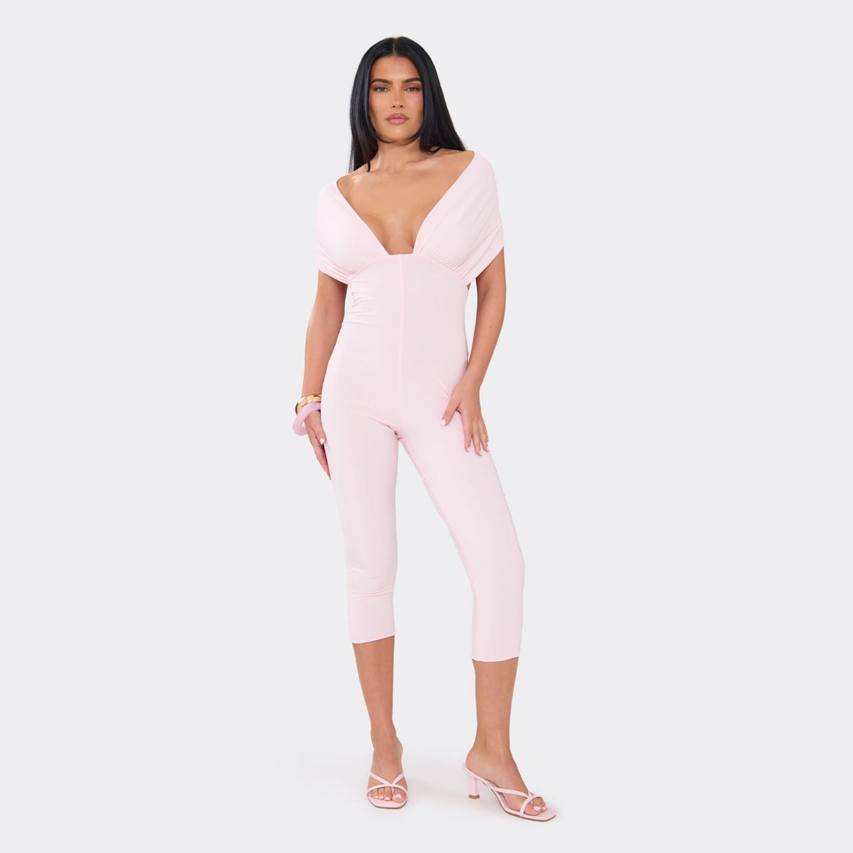 EGO Off The Shoulder Tie Back Capri Jumpsuit In Baby Pink, Women's Size UK 6 - 1
