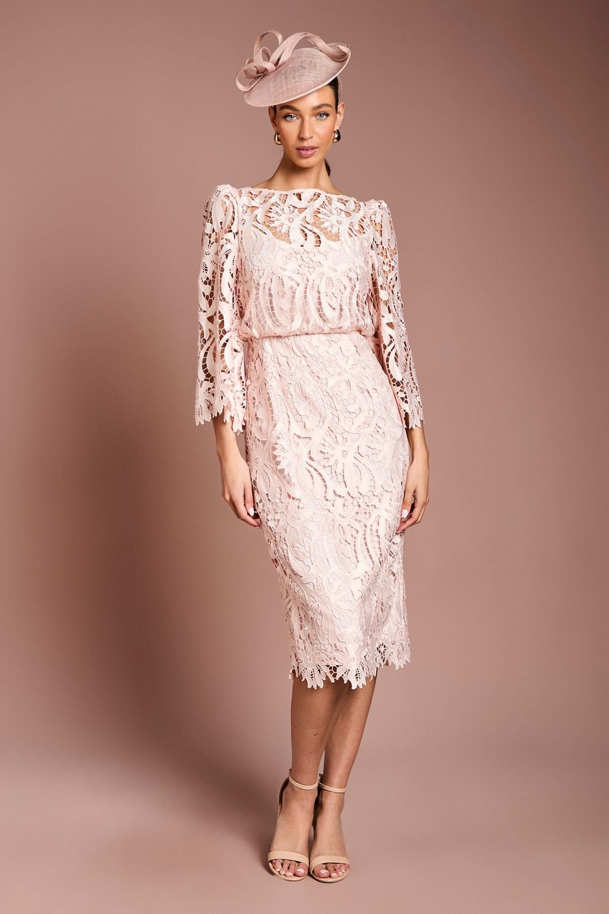Coast Coast Women's Satin Lace Boat Neck Midi Dress With Fluted Sleeve in Blush