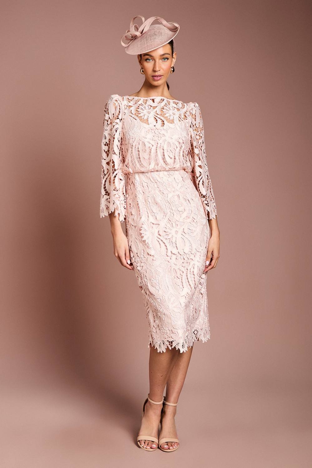 Coast Coast Women's Satin Lace Boat Neck Midi Dress With Fluted Sleeve in Blush - 2