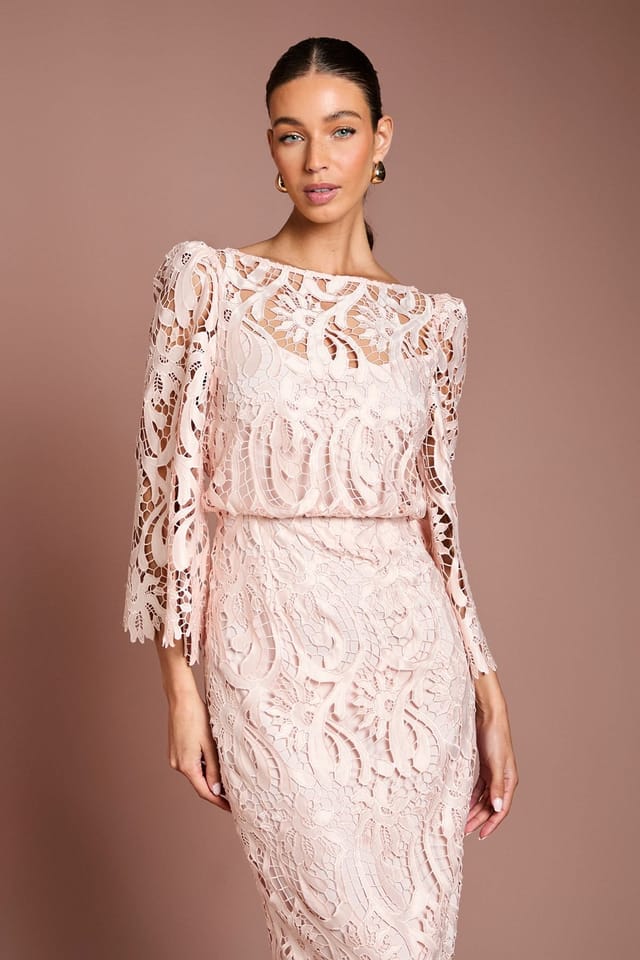 Coast Coast Women's Satin Lace Boat Neck Midi Dress With Fluted Sleeve in Blush - 2