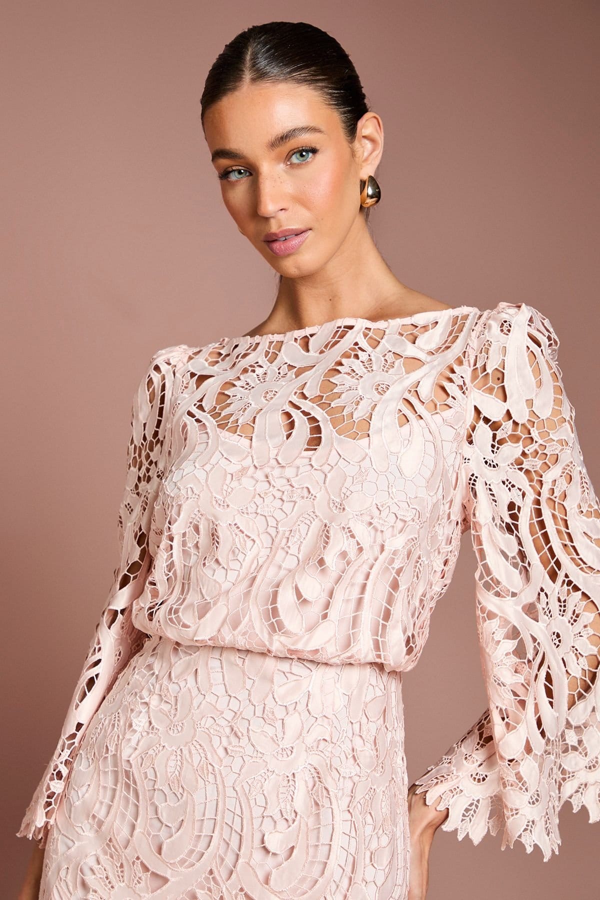 Coast Coast Women's Satin Lace Boat Neck Midi Dress With Fluted Sleeve in Blush - 4