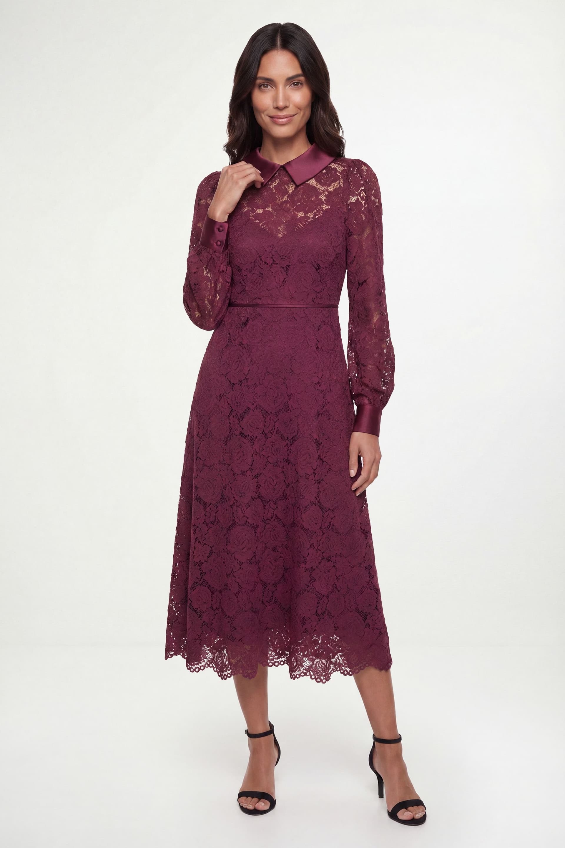 Wallis Wallis Women's Lace Collar Midi Dress in Berry
